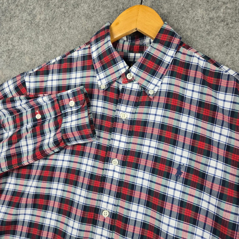 Ralph Lauren Button Down Shirt Mens Medium Red Plaid Custom Fit Pony Logo Oxford